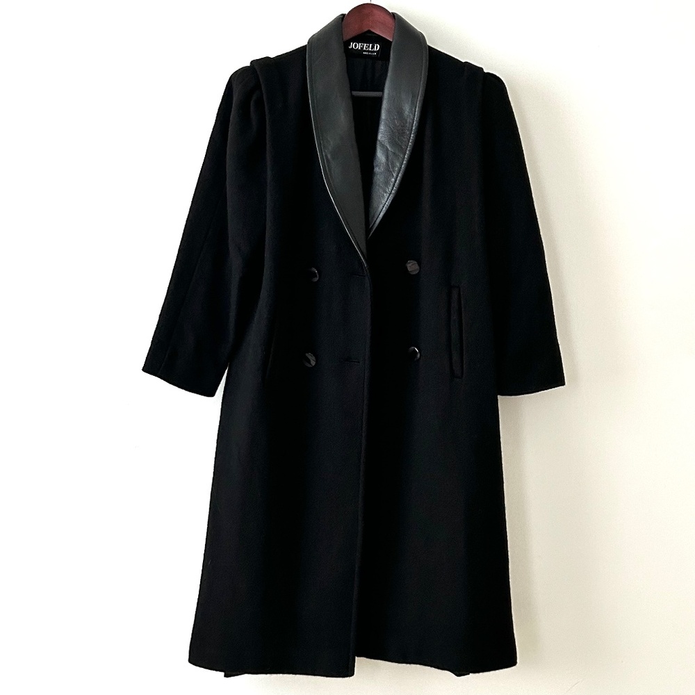 Vintage Black Coat with Leather Shawl Collar